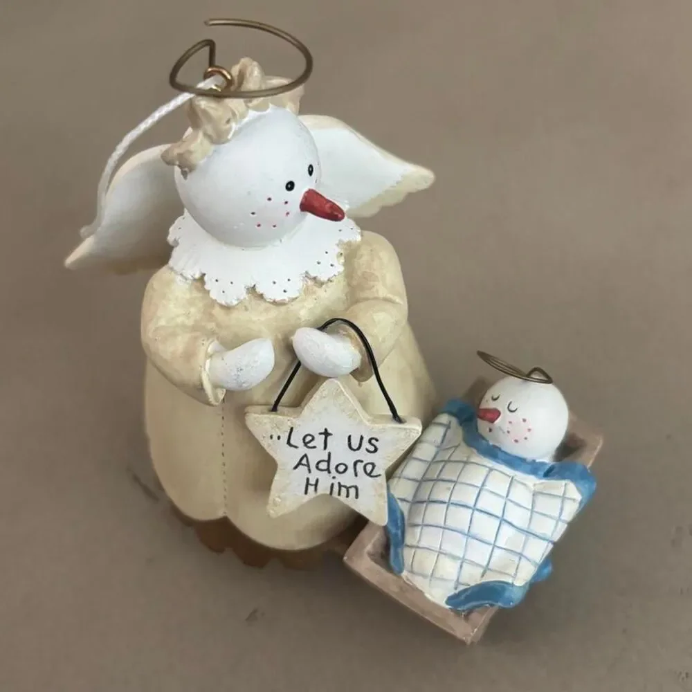 Snowman angle and baby Sandi Gore Evans vintage Christmas ornament